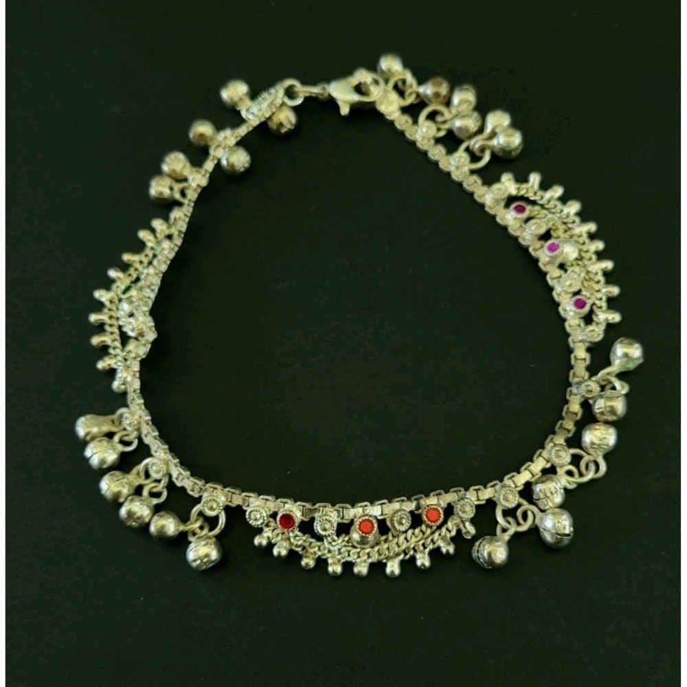 Vintage Indian Ghungroo Bell Anklet Silver Tone Red Pink Glass 10in 25g
